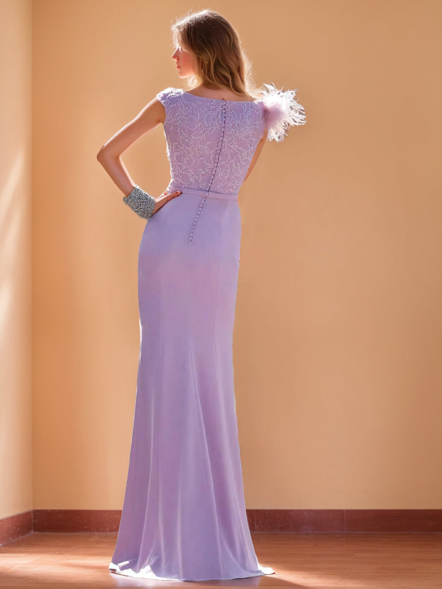 Sheath/Column V-Neck Sleeveless Elegant Evening Dresses with Feather/Appliques BabaMila