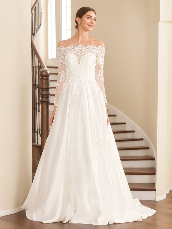 A-Line/Princess Off-the-Shoulder Long-Length Floor-Length Lace Wedding Dress with Appliques BabaMila