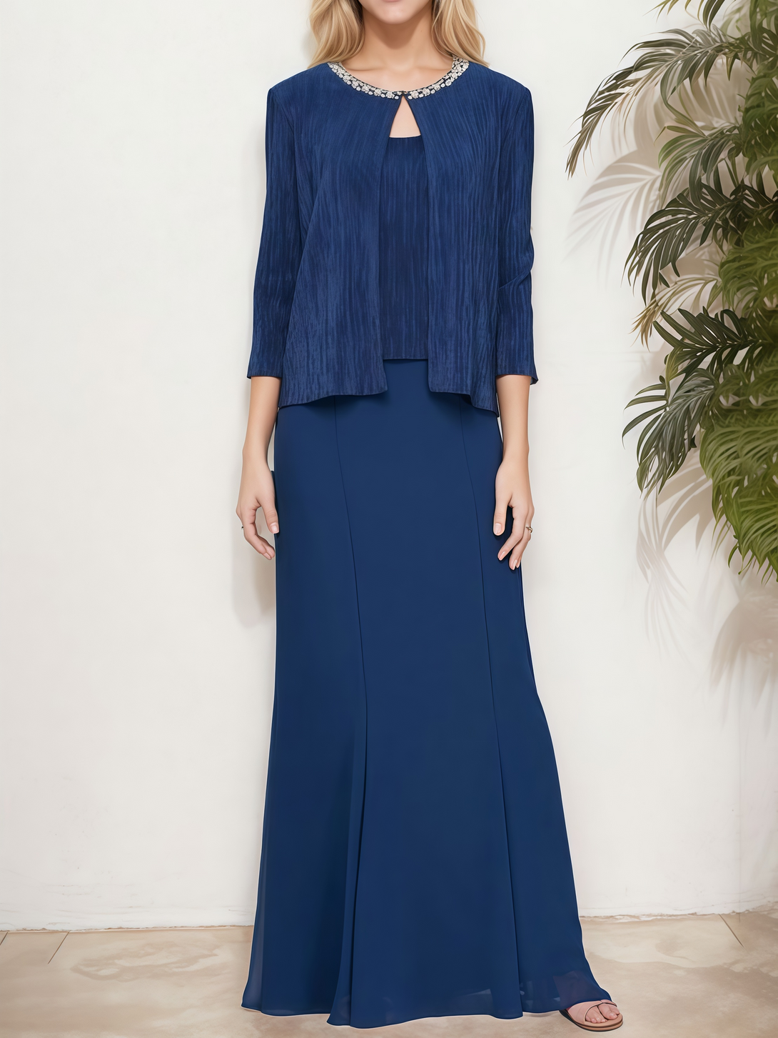 Two-Piece Square Neck Sheath 3/4 Sleeve Floor-Length Chiffon Mother of the Bride Dress With Beads/Jacket BabaMila