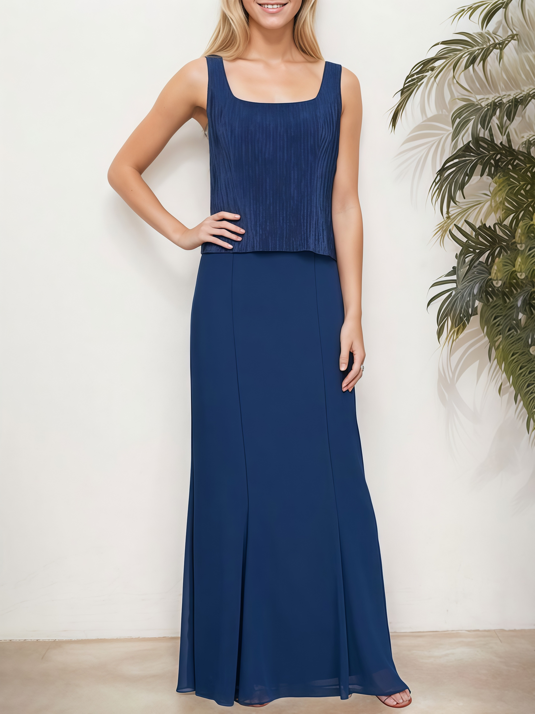 Two-Piece Square Neck Sheath 3/4 Sleeve Floor-Length Chiffon Mother of the Bride Dress With Beads/Jacket BabaMila