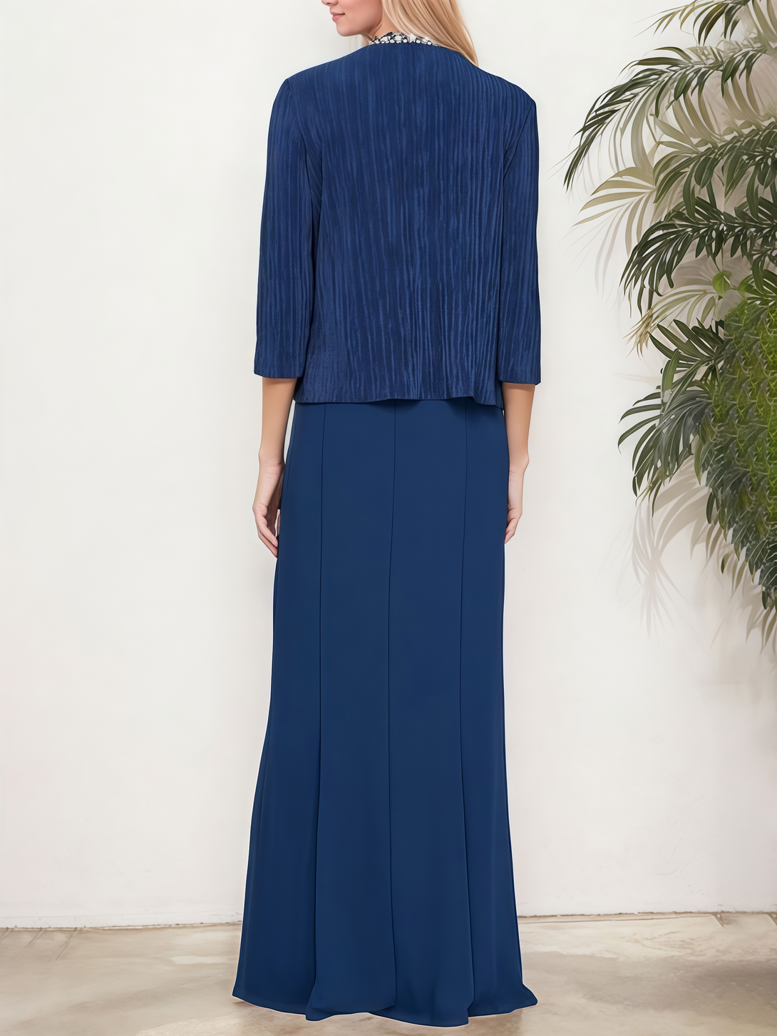 Two-Piece Square Neck Sheath 3/4 Sleeve Floor-Length Chiffon Mother of the Bride Dress With Beads/Jacket BabaMila