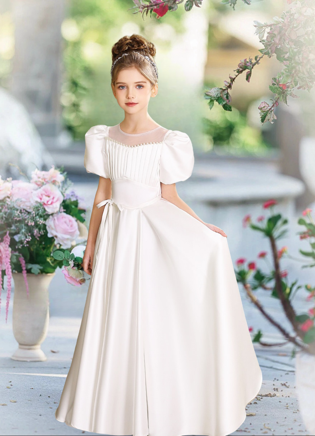 First Communion Dresses A-Line Scoop Neck Short Sleeve Floor-Length Satin Flower Girl Dresses With Beads/Ribbon/Pleated Girls Gidiondress