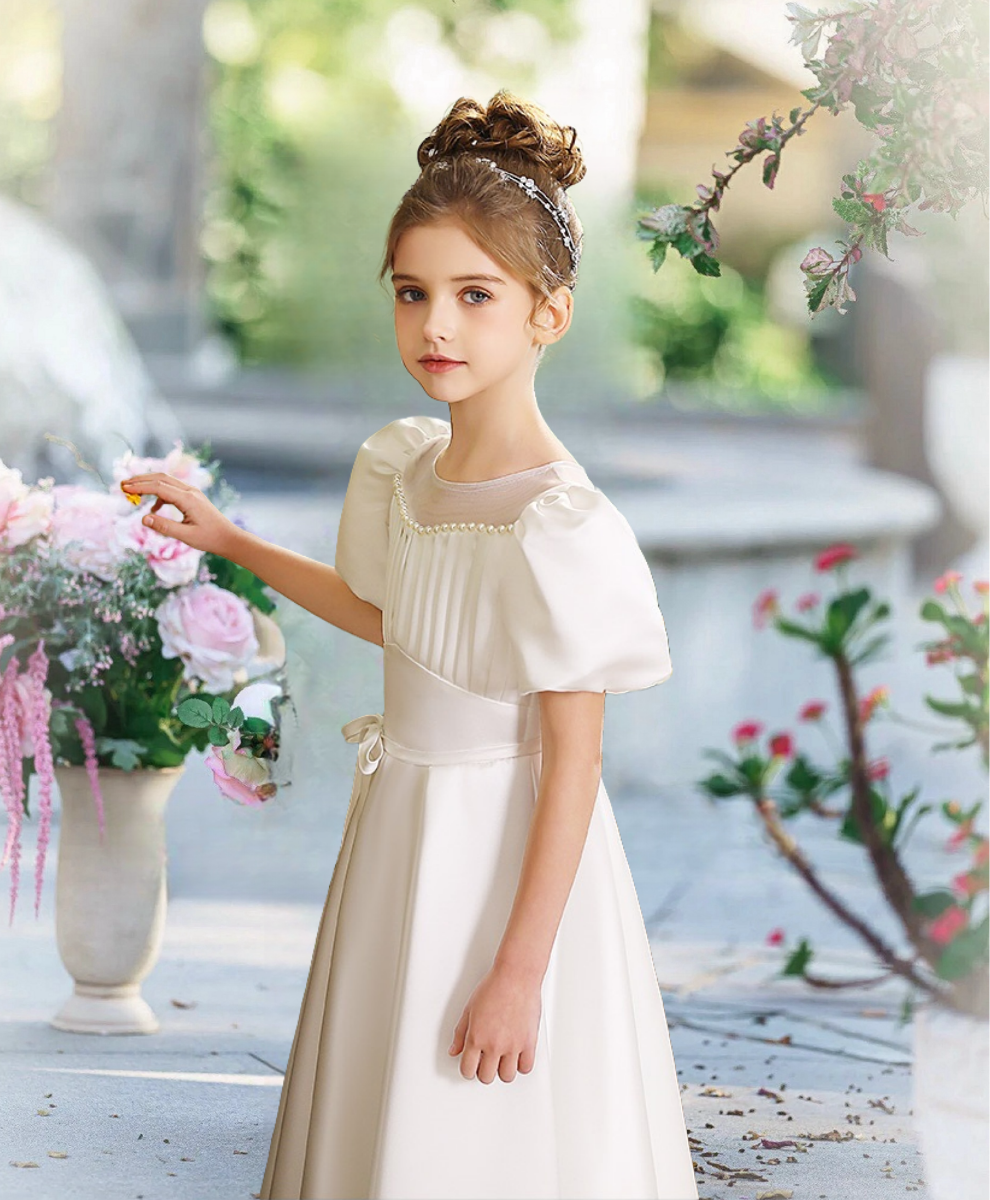 First Communion Dresses A-Line Scoop Neck Short Sleeve Floor-Length Satin Flower Girl Dresses With Beads/Ribbon/Pleated Girls Gidiondress