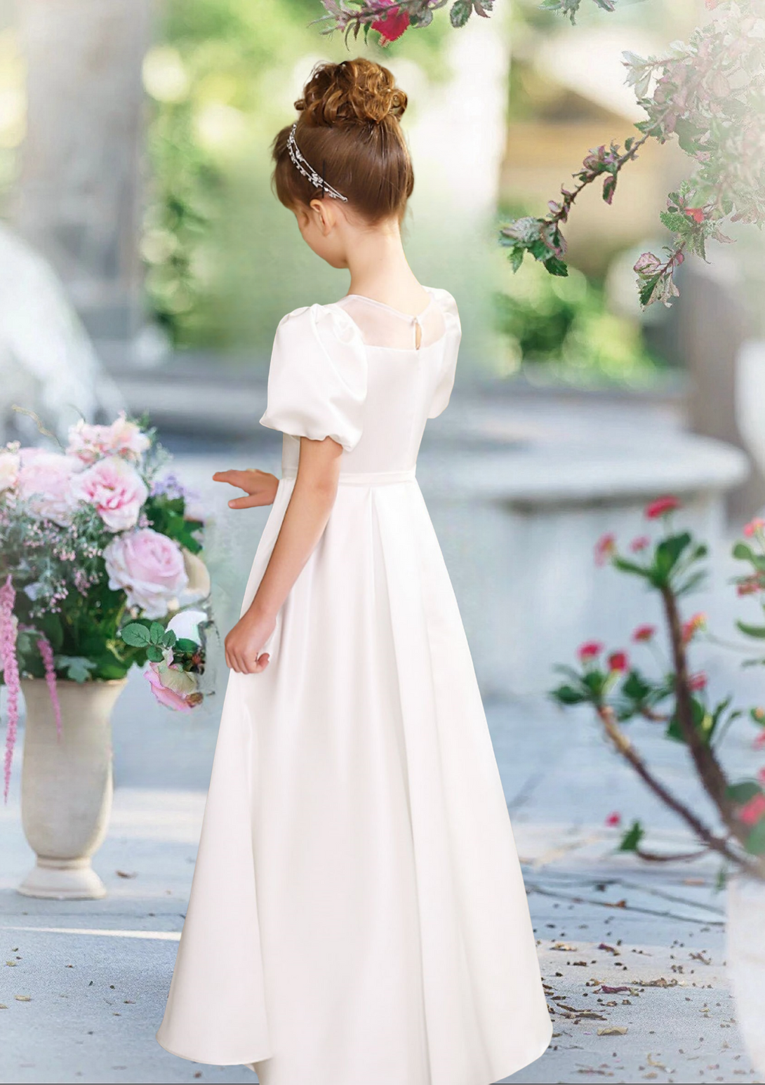 First Communion Dresses A-Line Scoop Neck Short Sleeve Floor-Length Satin Flower Girl Dresses With Beads/Ribbon/Pleated Girls Gidiondress