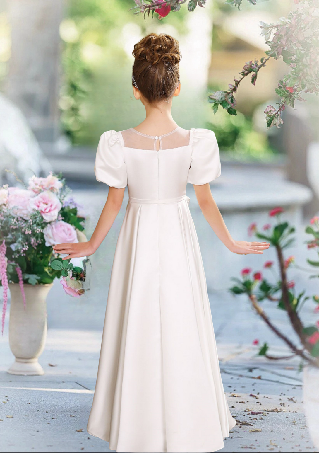 First Communion Dresses A-Line Scoop Neck Short Sleeve Floor-Length Satin Flower Girl Dresses With Beads/Ribbon/Pleated Girls Gidiondress