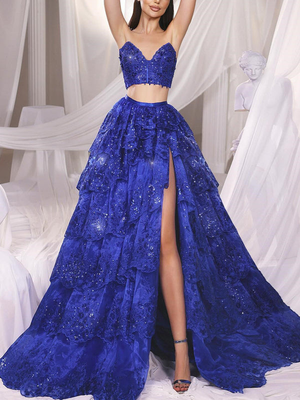 A-Line/Princess Two-Piece Strapless Floor-length Prom Dresses With Appliques BabaMila