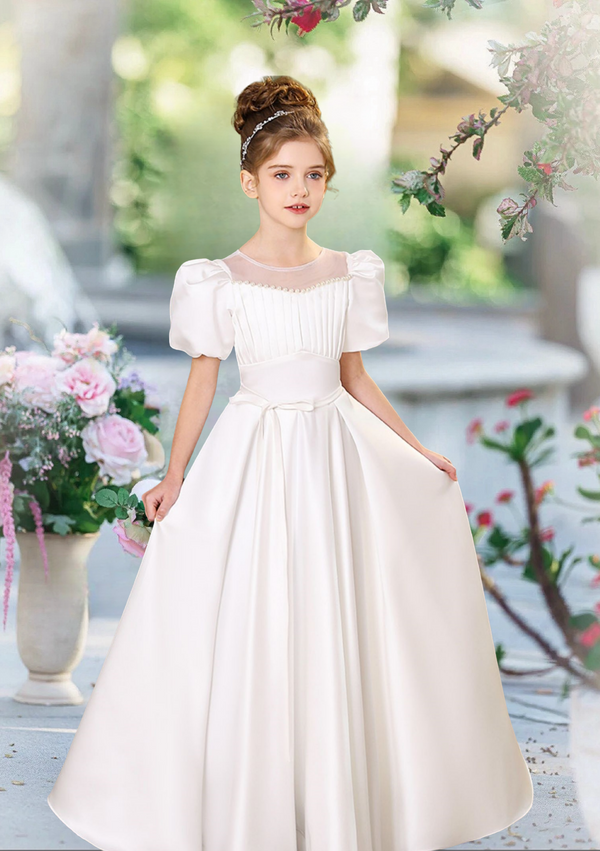 First Communion Dresses A-Line Scoop Neck Short Sleeve Floor-Length Satin Flower Girl Dresses With Beads/Ribbon/Pleated Girls Gidiondress