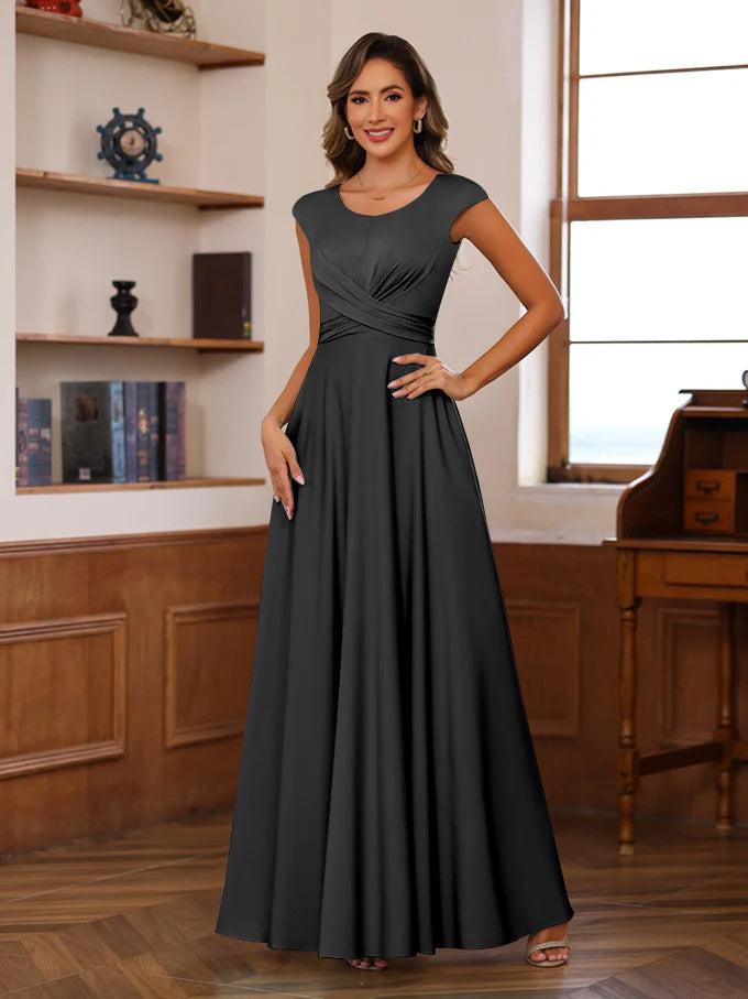 A-Line/Princess Scoop Neck Short Sleeves Floor-Length Mother Of The Bride Dresses With Ruffles BabaMila