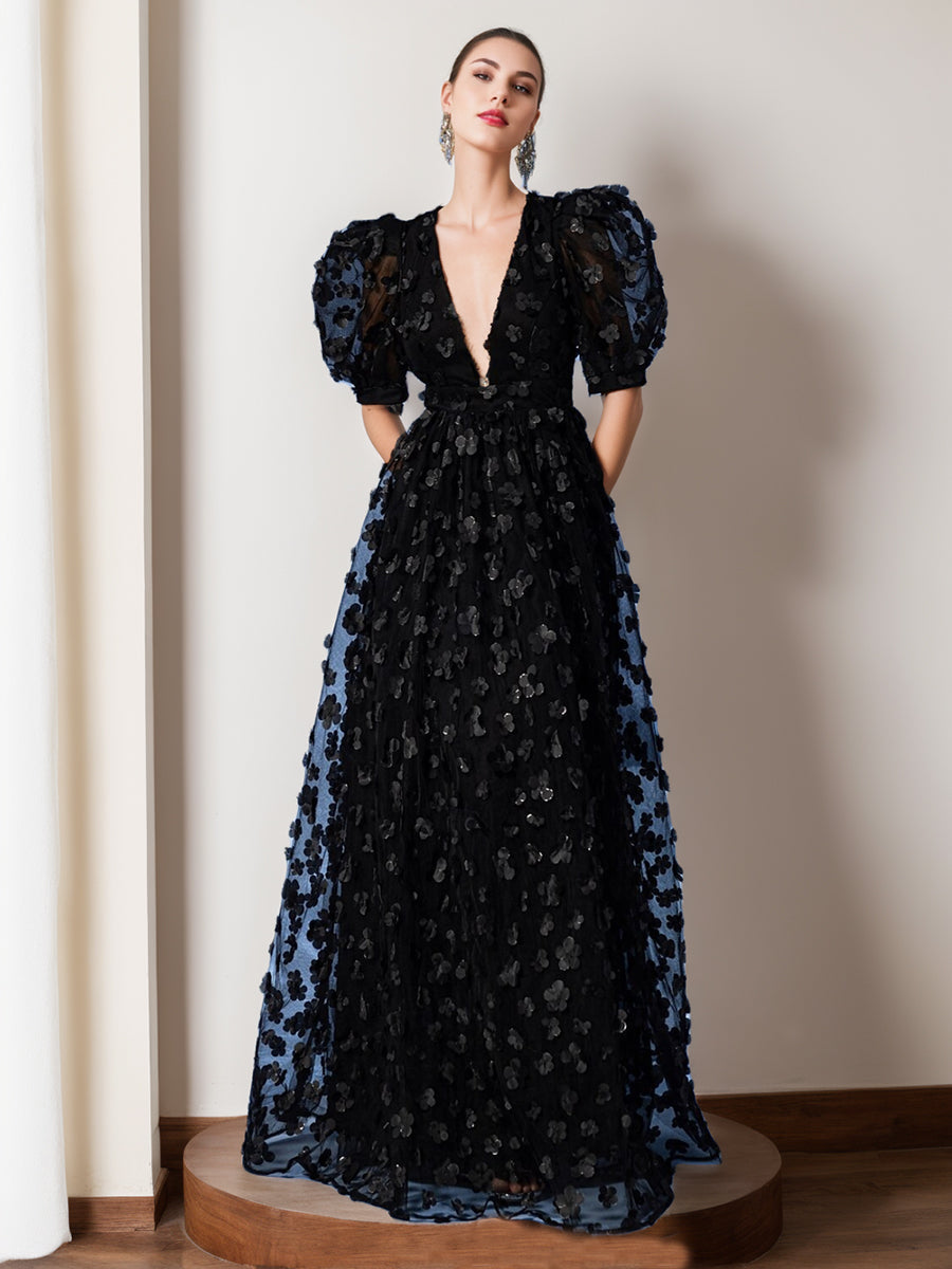 A-Line/Princess V-Neck Half Sleeves Chiffon Evening Dresses with Floral Embroidery BabaMila