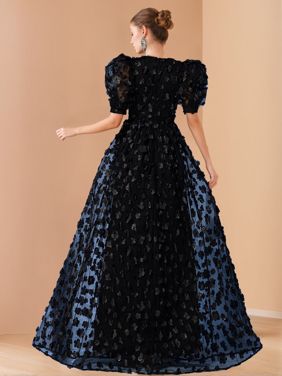A-Line/Princess V-Neck Half Sleeves Chiffon Evening Dresses with Floral Embroidery BabaMila