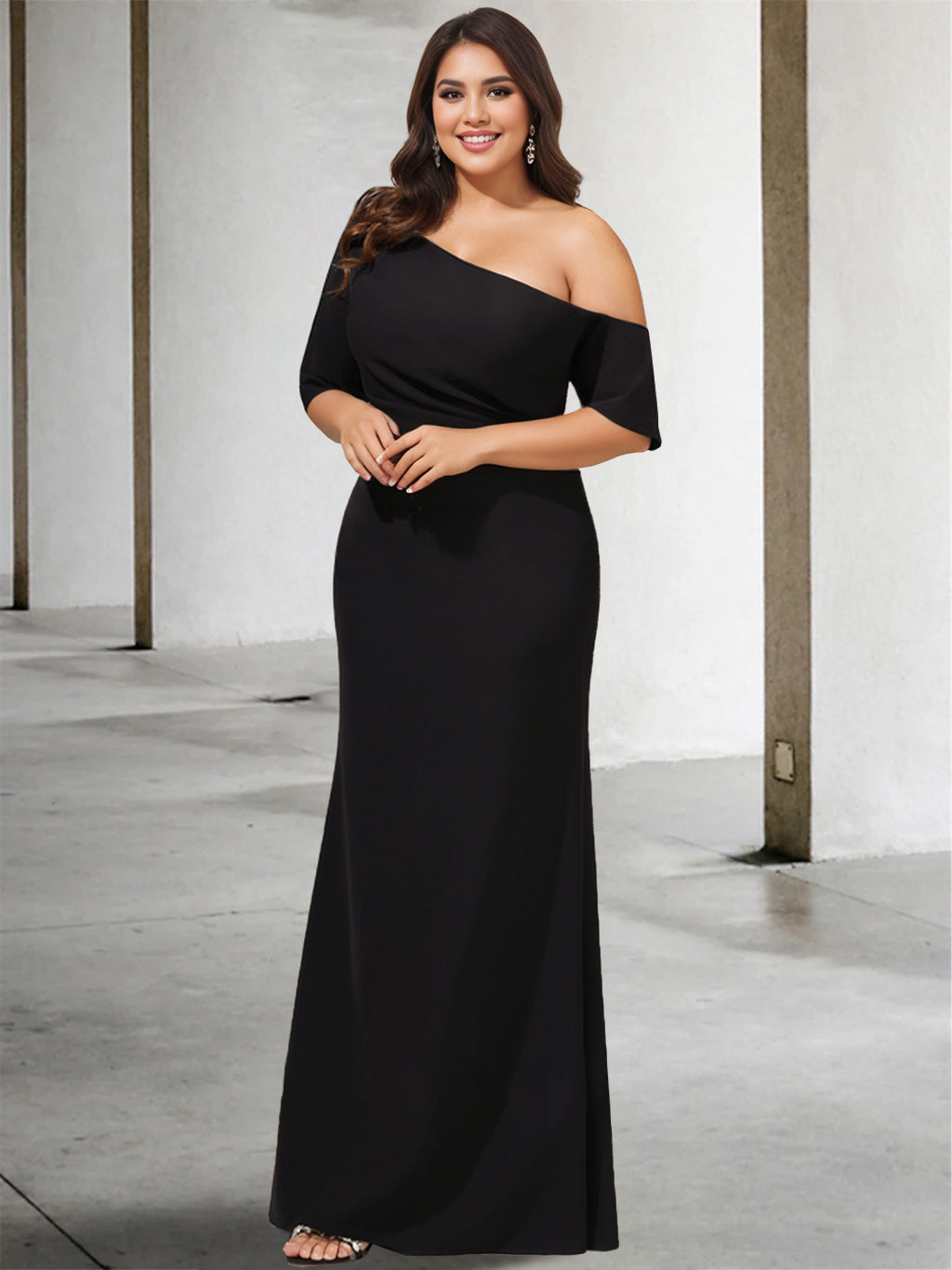 A-Line/Princess One-Shoulder 3/4 Length Sleeves Pure Color Plus Size Floor-Length Mother Of The Bride Dresses BabaMila