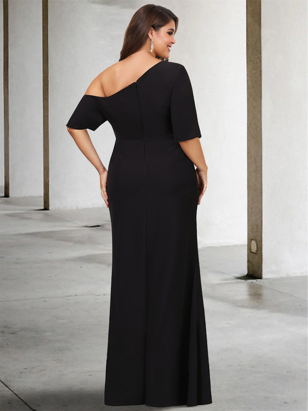 A-Line/Princess One-Shoulder 3/4 Length Sleeves Pure Color Plus Size Floor-Length Mother Of The Bride Dresses BabaMila