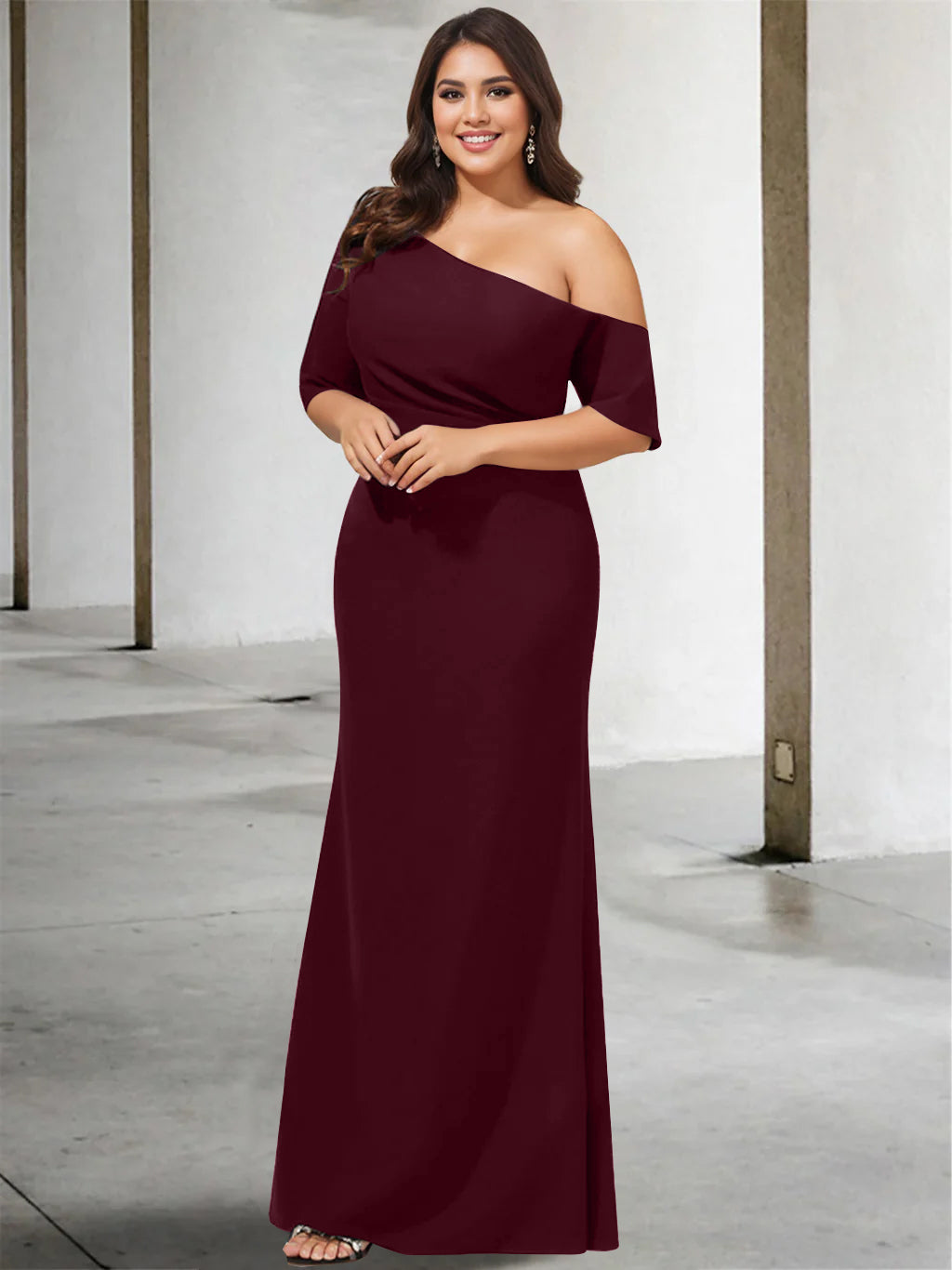 A-Line/Princess One-Shoulder 3/4 Length Sleeves Pure Color Plus Size Floor-Length Mother Of The Bride Dresses BabaMila