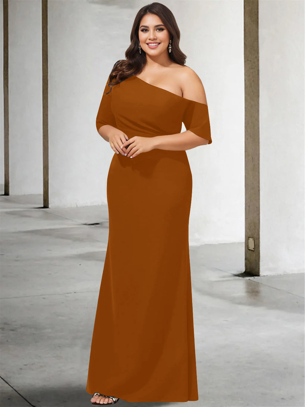A-Line/Princess One-Shoulder 3/4 Length Sleeves Pure Color Plus Size Floor-Length Mother Of The Bride Dresses BabaMila