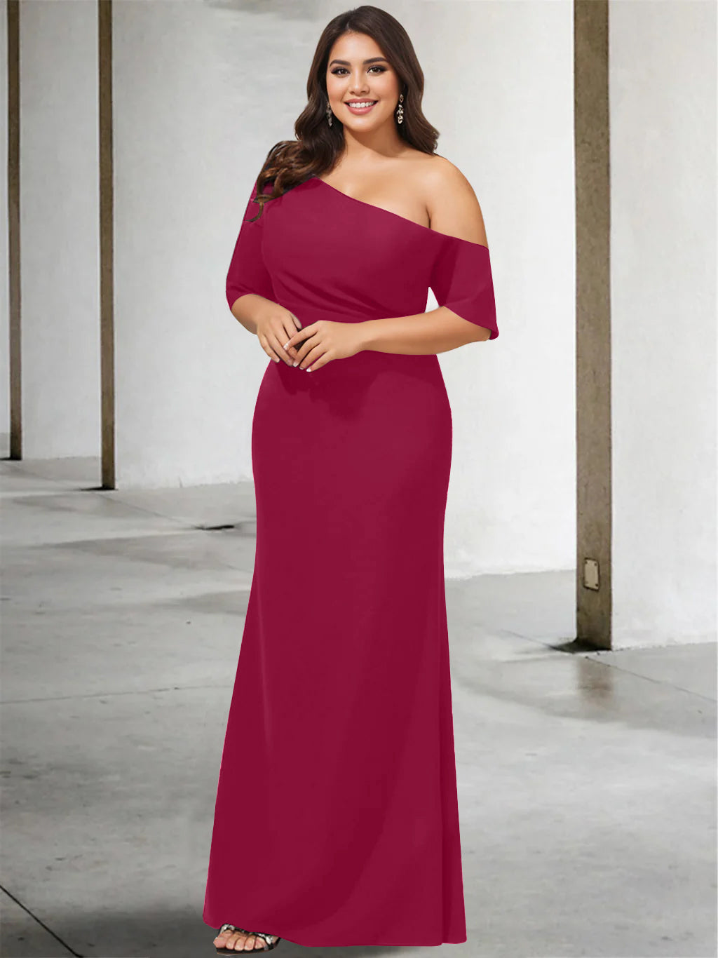 A-Line/Princess One-Shoulder 3/4 Length Sleeves Pure Color Plus Size Floor-Length Mother Of The Bride Dresses BabaMila