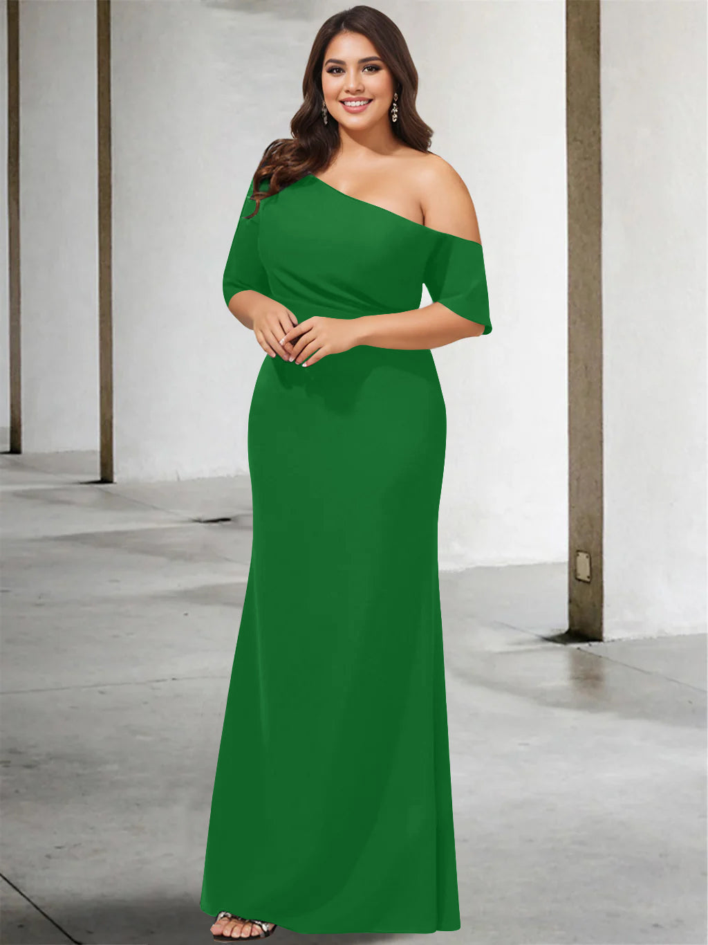 A-Line/Princess One-Shoulder 3/4 Length Sleeves Pure Color Plus Size Floor-Length Mother Of The Bride Dresses BabaMila