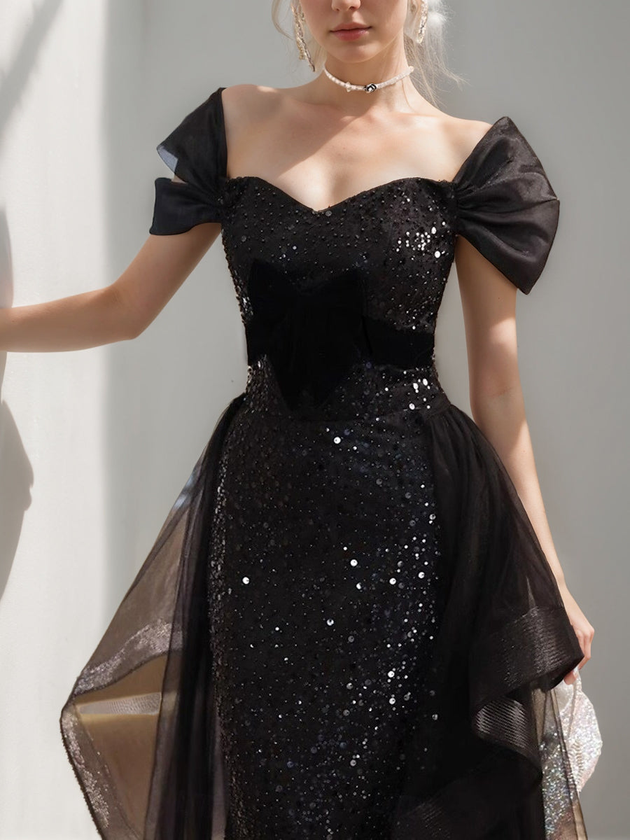 Black Luxurious A-Line/Princess Short Sleeves Evening Dresses with Sequins/Ruffles BabaMila