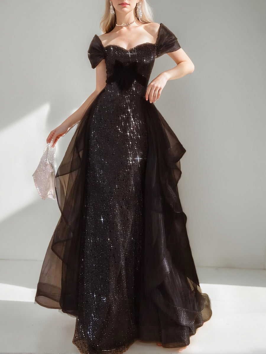 Black Luxurious A-Line/Princess Short Sleeves Evening Dresses with Sequins/Ruffles BabaMila