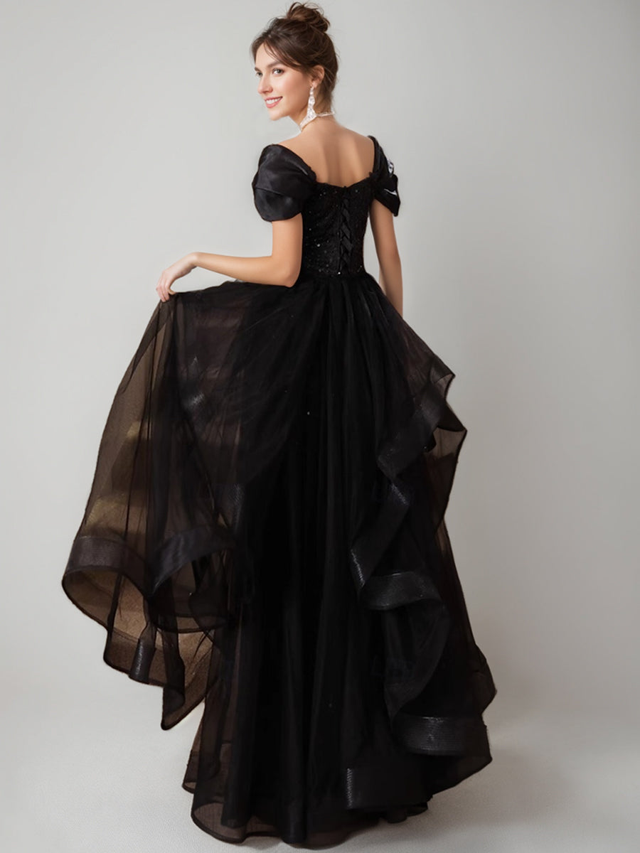 Black Luxurious A-Line/Princess Short Sleeves Evening Dresses with Sequins/Ruffles BabaMila