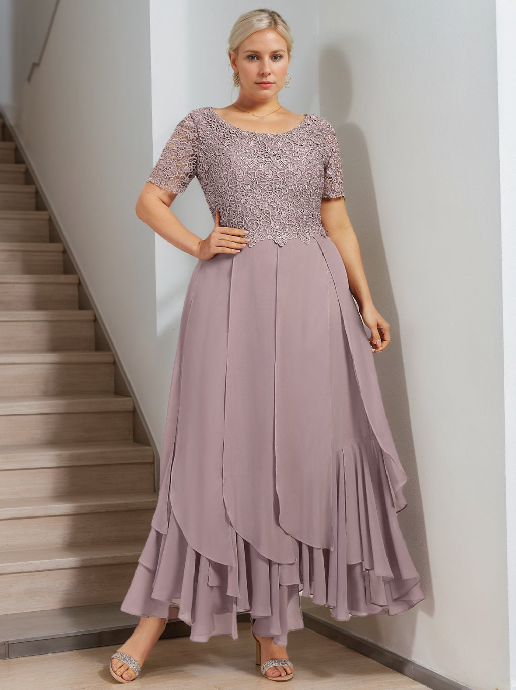 A-Line/Princess Round Neck Short Sleeves Ankle-Length Plus Size Mother Of The Bride Dress With Cascading Ruffles BabaMila