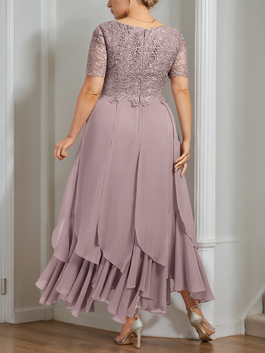A-Line/Princess Round Neck Short Sleeves Ankle-Length Plus Size Mother Of The Bride Dress With Cascading Ruffles BabaMila