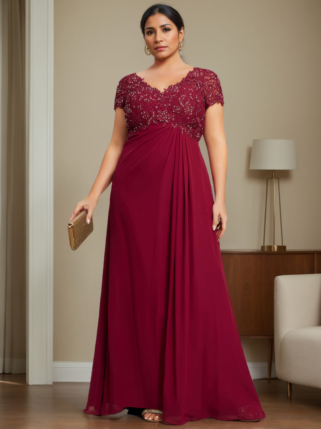 A-Line/Princess V-Neck Short Sleeves Floor-Length Plus Size Unique Mother Of The Bride Dresses With Rhinestone, Pleated BabaMila