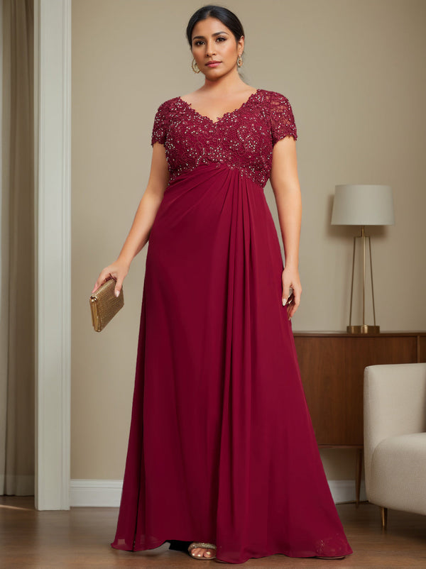 A-Line/Princess V-Neck Short Sleeves Floor-Length Plus Size Unique Mother Of The Bride Dresses With Rhinestone, Pleated BabaMila