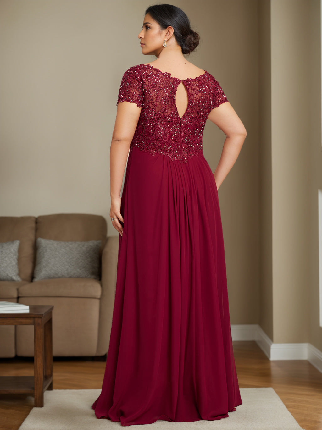 A-Line/Princess V-Neck Short Sleeves Floor-Length Plus Size Unique Mother Of The Bride Dresses With Rhinestone, Pleated BabaMila