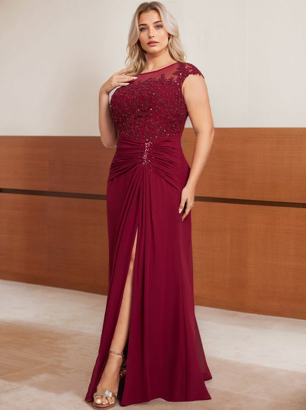 A-Line/Princess Scoop Cap Sleeves Floor-Length Plus Size Mother Of The Bride Dresses With Beading, Pleated & Sequins BabaMila