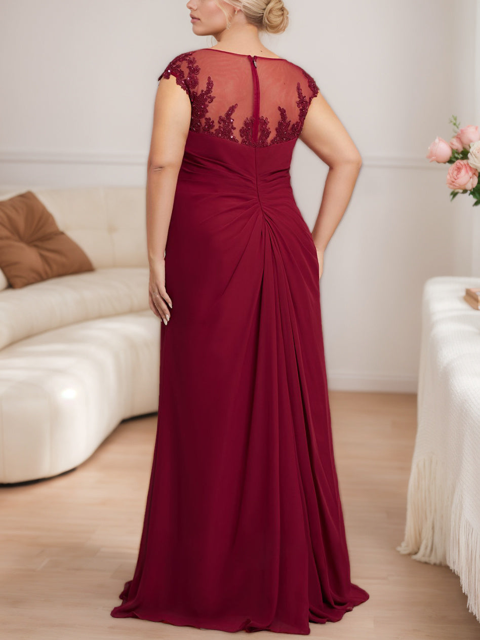 A-Line/Princess Scoop Cap Sleeves Floor-Length Plus Size Mother Of The Bride Dresses With Beading, Pleated & Sequins BabaMila