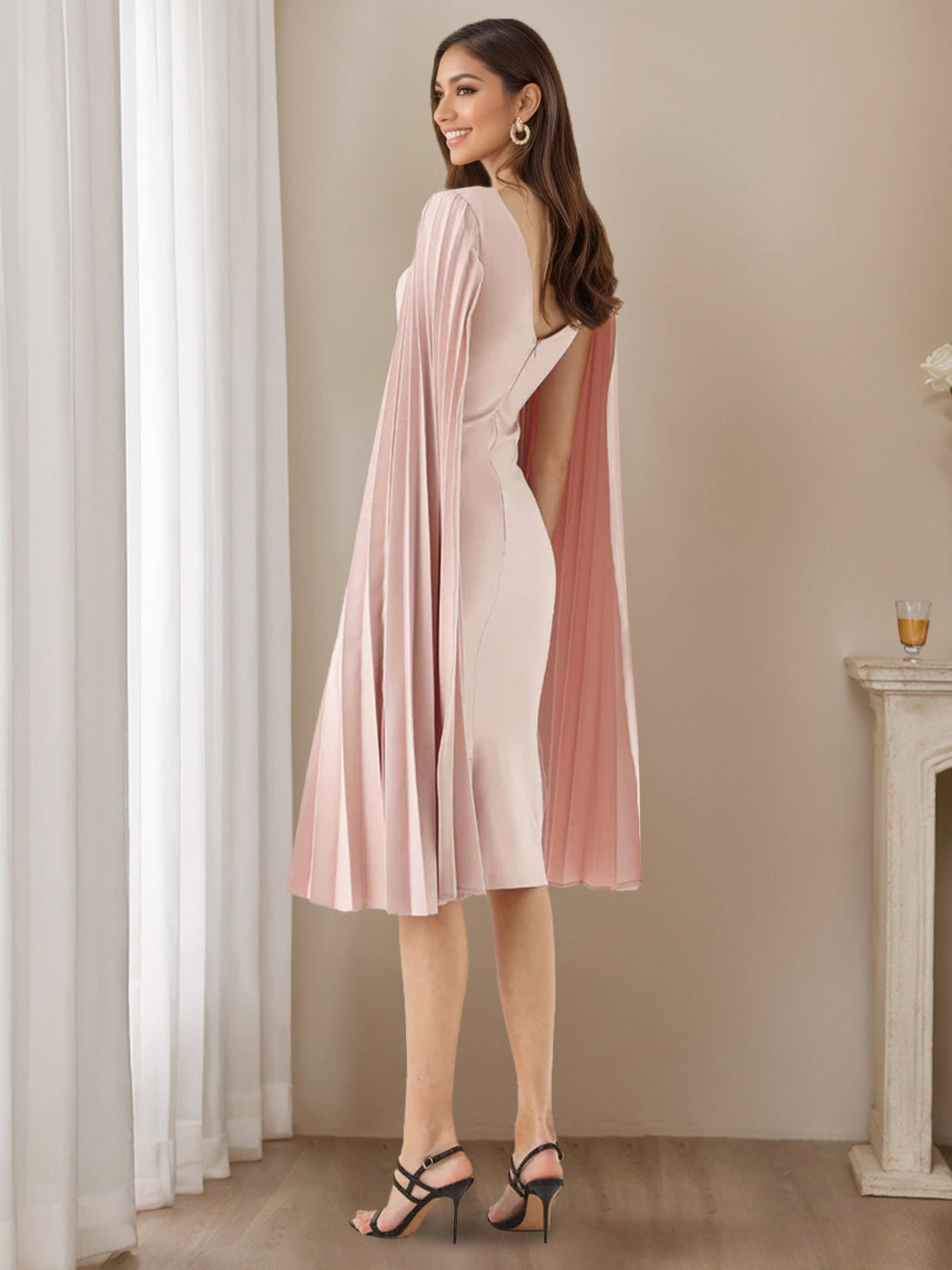 Sheath/Column Scoop Pleated Long Sleeves Tea Length Mother Of The Bride & Groom Dresses BabaMila