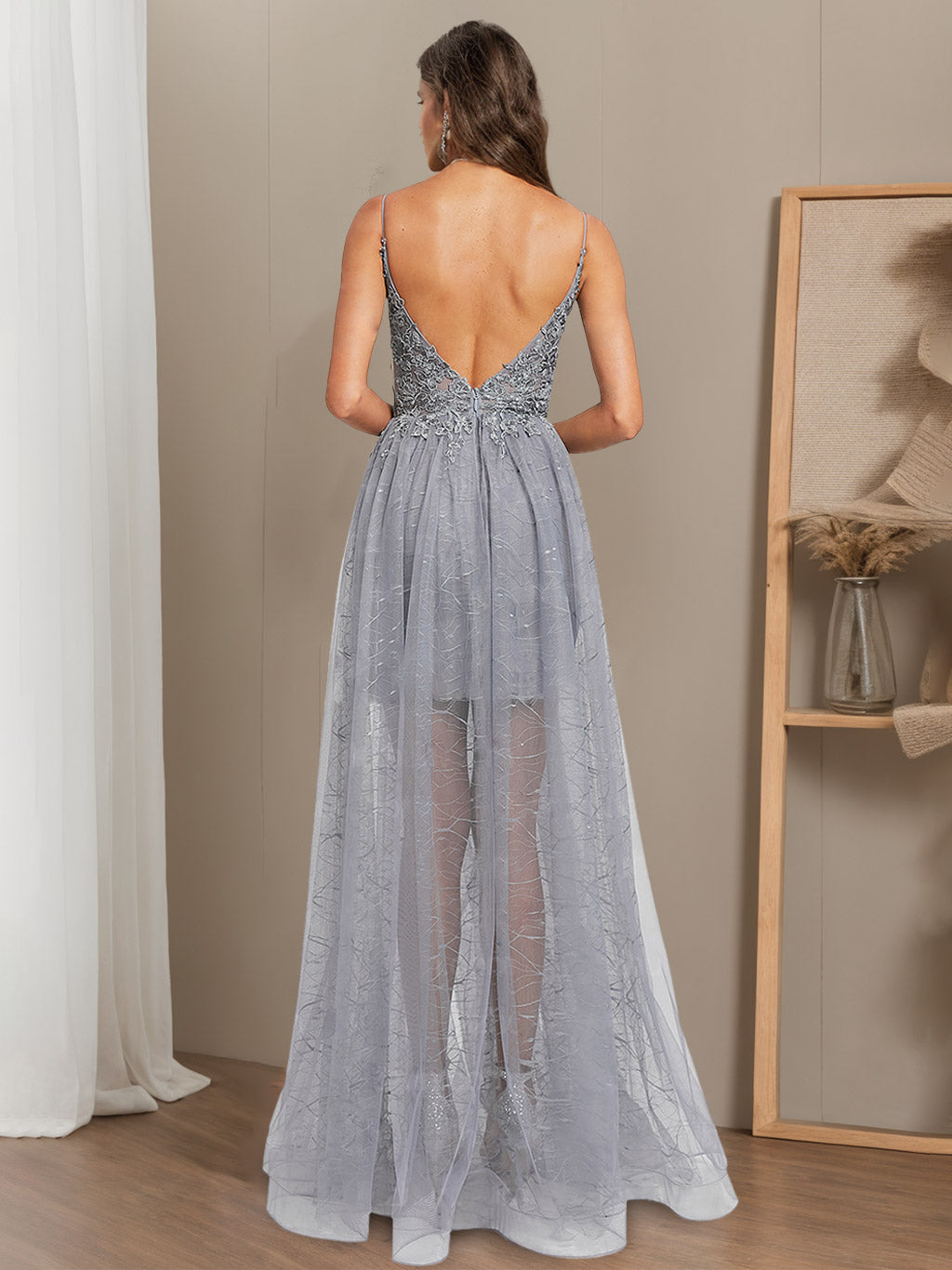 A-Line/Princess Spaghetti Straps V-Neck Sleeveless Asymmetrical Prom Dresses with Appliques BabaMila