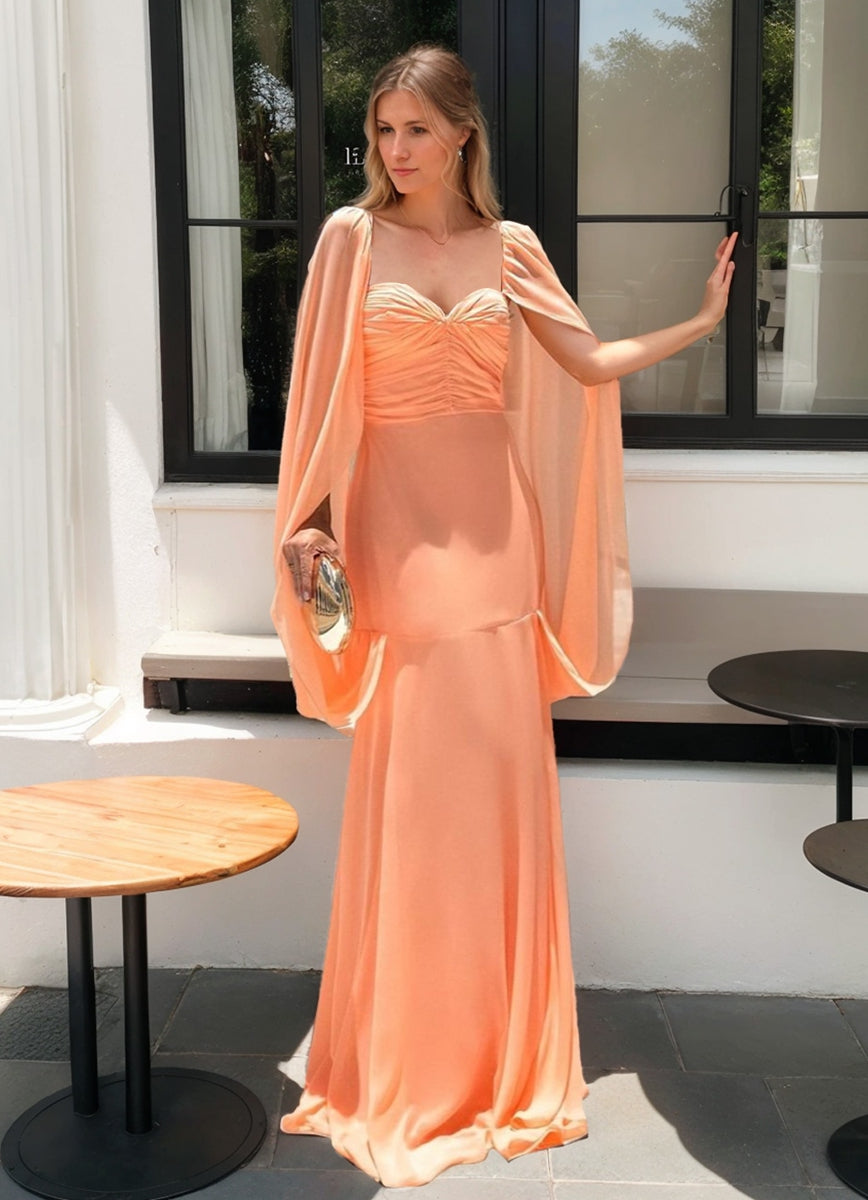 Trumpet/Mermaid Sweetheart Ruched Floor Length Prom Dresses with Cape BabaMila