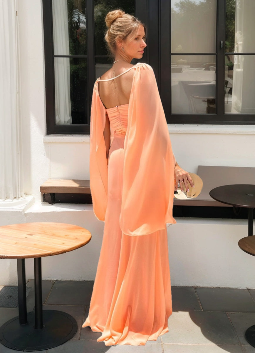 Trumpet/Mermaid Sweetheart Ruched Floor Length Prom Dresses with Cape BabaMila