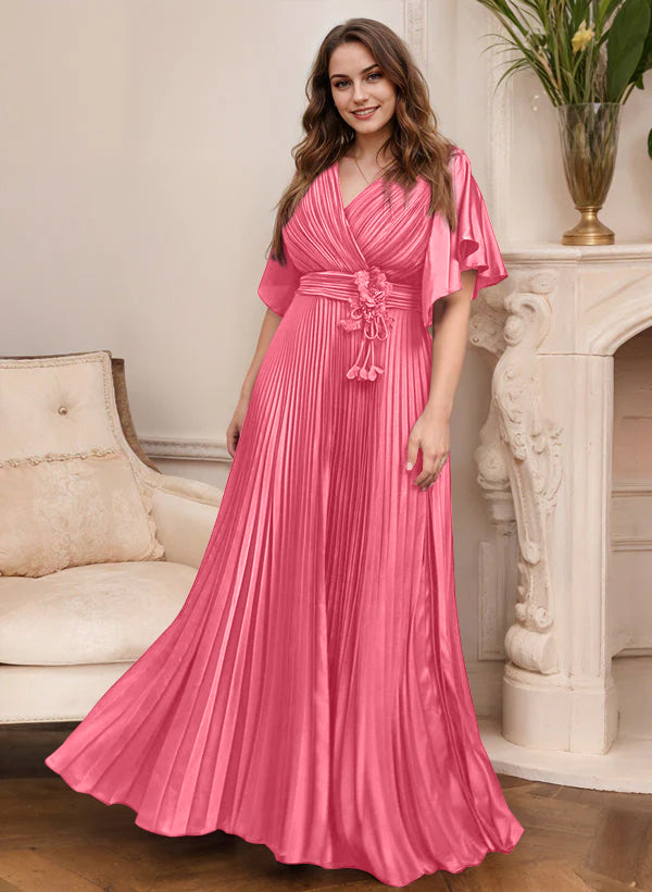 A-Line/Princess V-Neck Short Sleeves Mother Of The Bride Dresses With Belt BabaMila