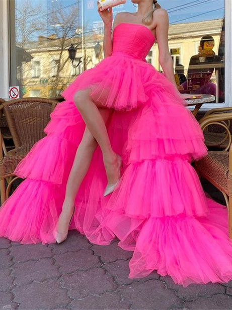 A-Line/Princess Strapless Tulle Asymmetrical Long Prom Dresses Whit Split Side/Pleated BabaMila
