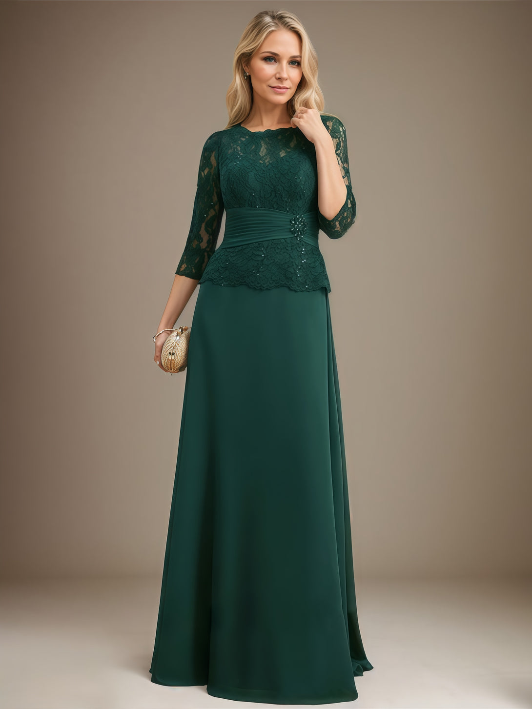 Scoop Neck A-Line 3/4 Sleeve Floor-Length Chiffon/Lace Mother of the Bride Dress With Beads/Pleated/Belt BabaMila