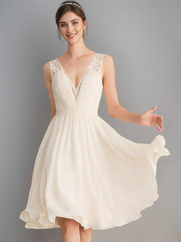 A-Line/Princess Deep V-Neck Sleeveless Knee-Length Wedding Dress with Ruched BabaMila