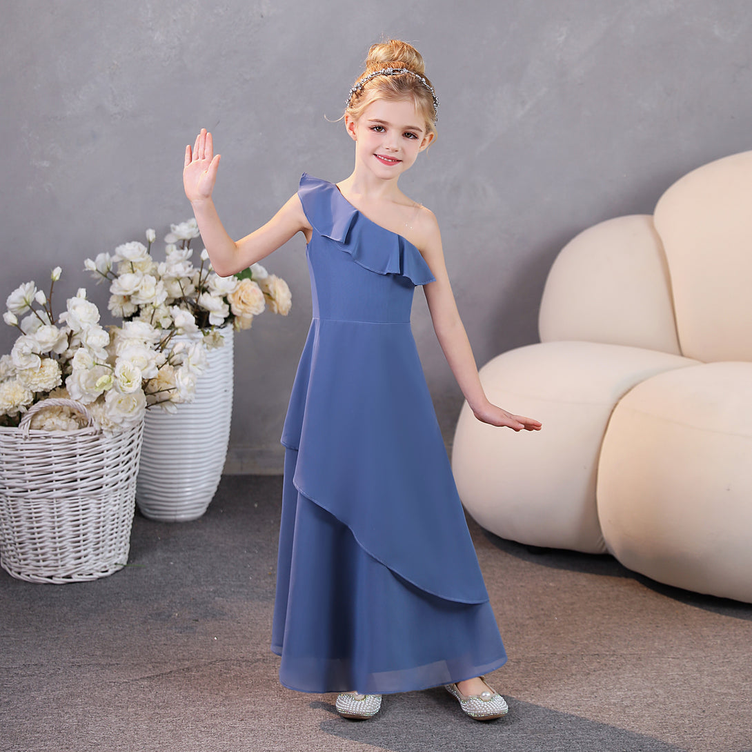 Girls Birthday Dresses One-Shoulder Sleeveless Chiffon Floor-Length Graceful Junior Bridesmaid Dress/Party Dresses With Ruffled Hem Gidiondress