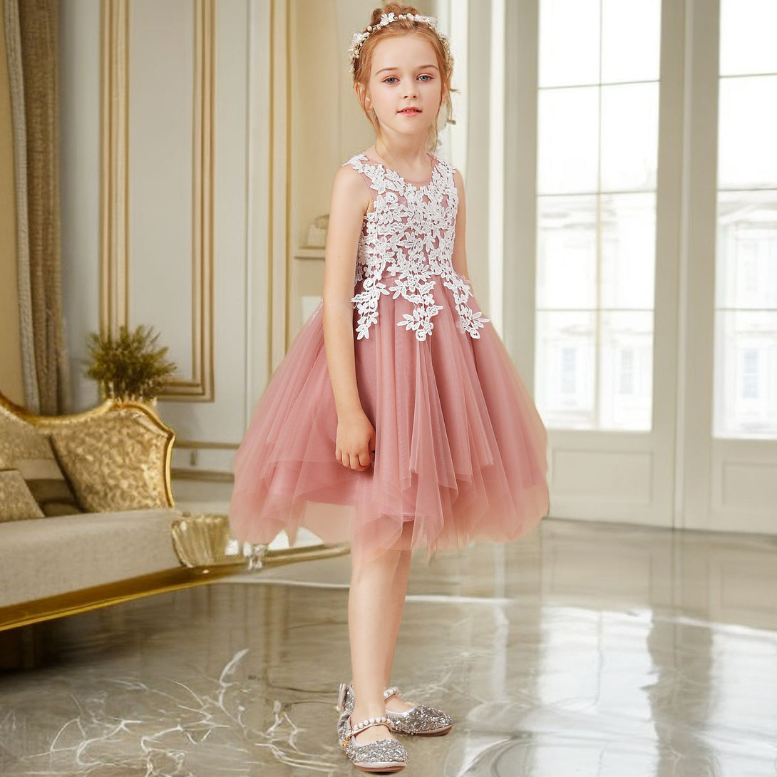 Sleeveless Scoop Neck Knee-Length Tulle Flower Girl Dresses/Girls Birthday Dresses With Appliques Gidiondress