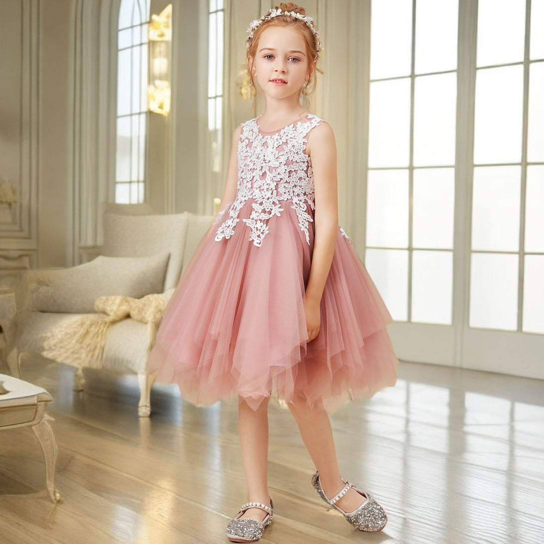 Sleeveless Scoop Neck Knee-Length Tulle Flower Girl Dresses/Girls Birthday Dresses With Appliques Gidiondress as picture 12M