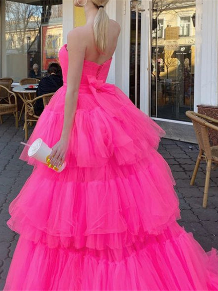 A-Line/Princess Strapless Tulle Asymmetrical Long Prom Dresses Whit Split Side/Pleated BabaMila
