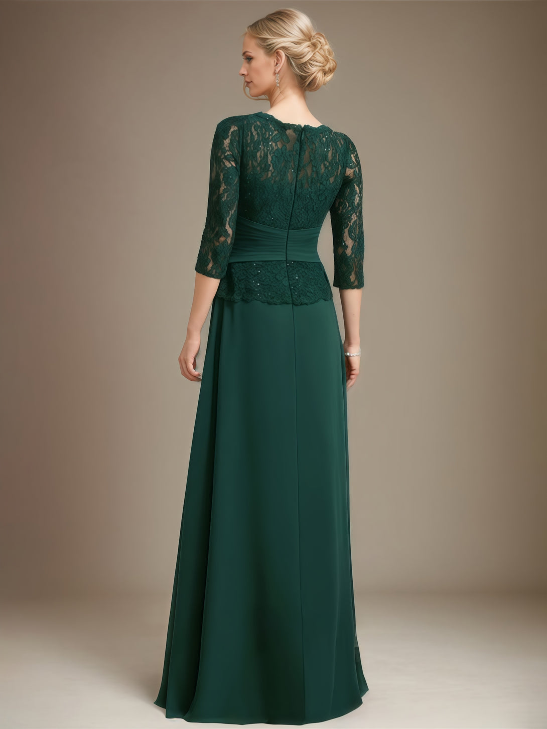 Scoop Neck A-Line 3/4 Sleeve Floor-Length Chiffon/Lace Mother of the Bride Dress With Beads/Pleated/Belt BabaMila