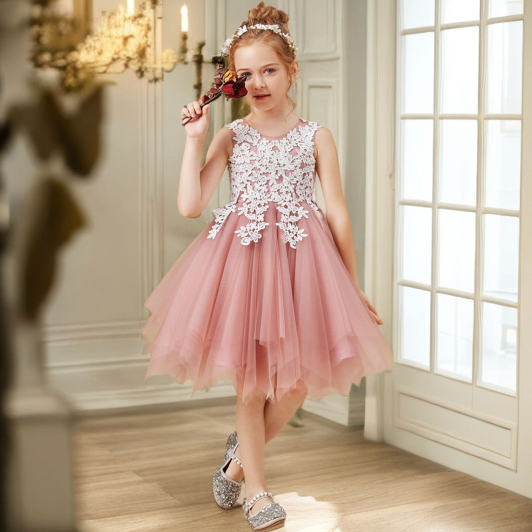 Sleeveless Scoop Neck Knee-Length Tulle Flower Girl Dresses/Girls Birthday Dresses With Appliques Gidiondress
