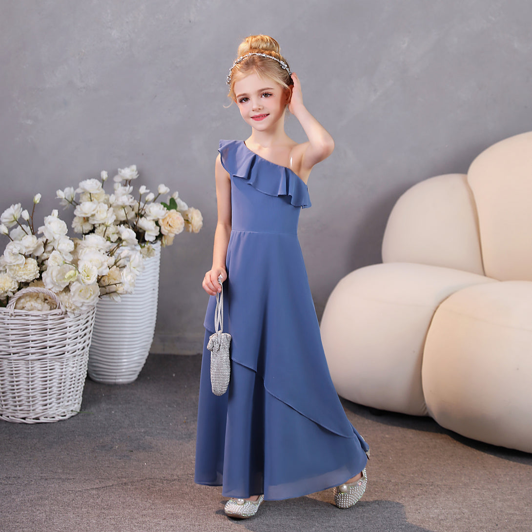 Girls Birthday Dresses One-Shoulder Sleeveless Chiffon Floor-Length Graceful Junior Bridesmaid Dress/Party Dresses With Ruffled Hem Gidiondress