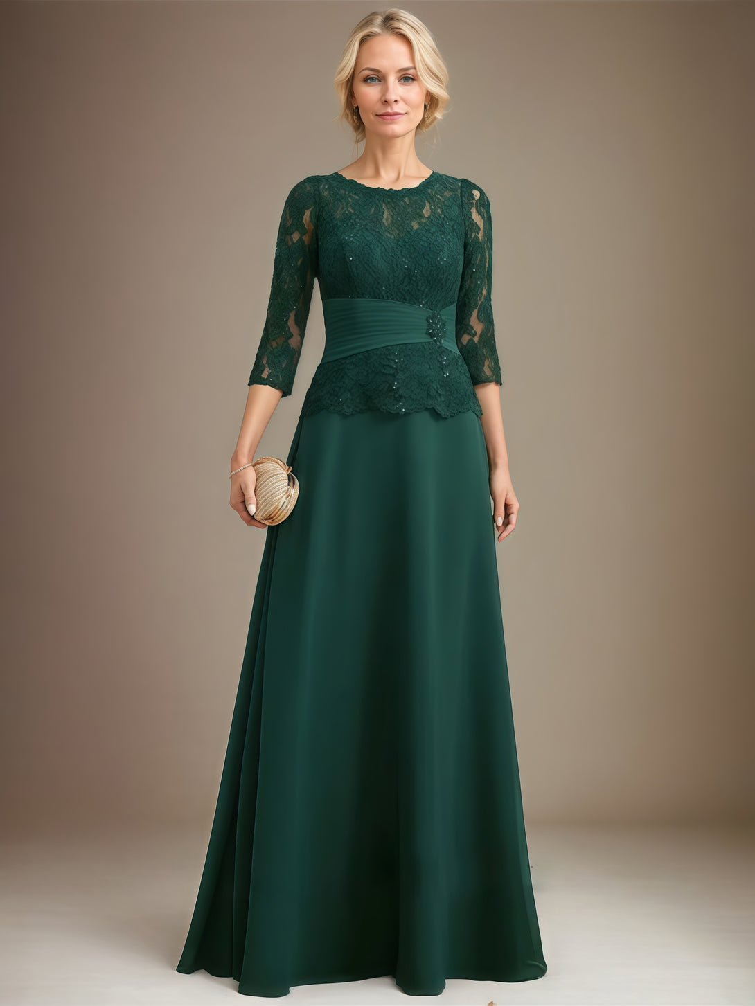 Scoop Neck A-Line 3/4 Sleeve Floor-Length Chiffon/Lace Mother of the Bride Dress With Beads/Pleated/Belt BabaMila