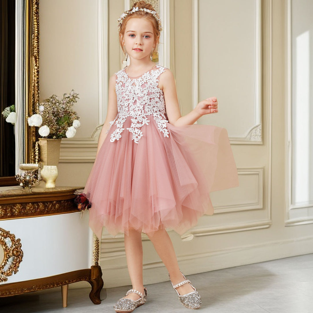 Sleeveless Scoop Neck Knee-Length Tulle Flower Girl Dresses/Girls Birthday Dresses With Appliques Gidiondress