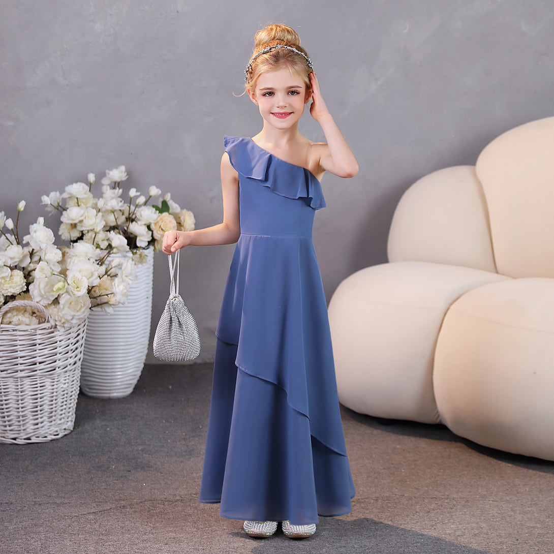 Girls Birthday Dresses One-Shoulder Sleeveless Chiffon Floor-Length Graceful Junior Bridesmaid Dress/Party Dresses With Ruffled Hem Gidiondress as picture 12M