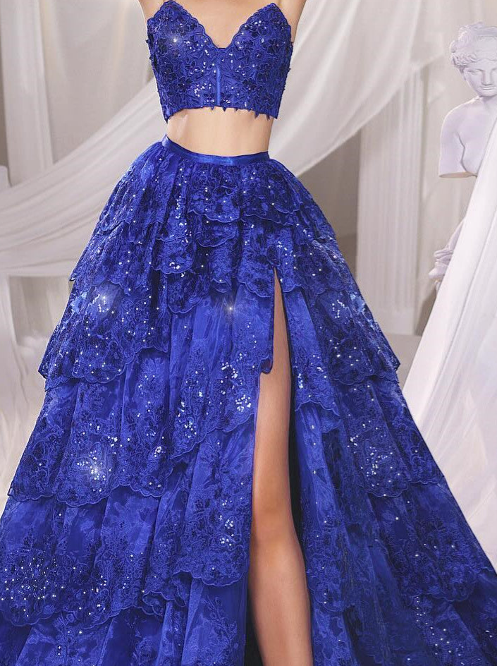 A-Line/Princess Two-Piece Strapless Floor-length Prom Dresses With Appliques BabaMila