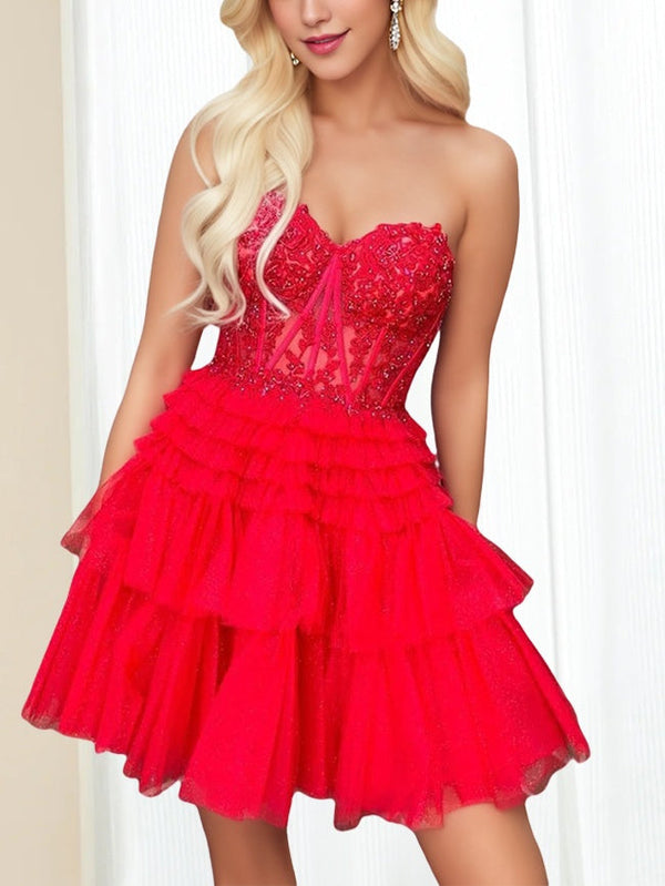 A-Line/Princess Sweetheart Sleeveless Short/Mini Party Dance Cocktail Homecoming Dress With Lace Appliques/Sequins/Ruffles BabaMila